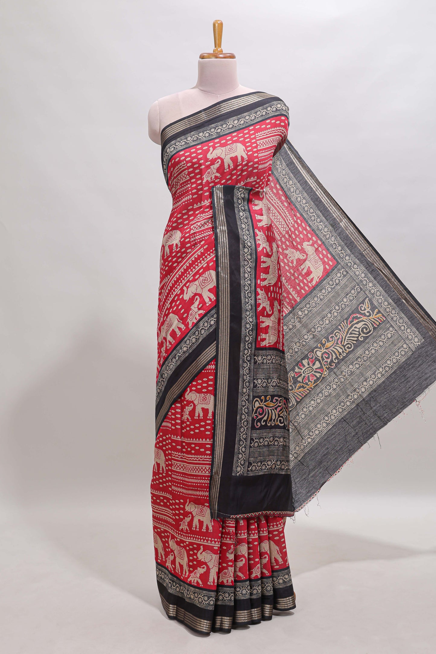 Red geometric & elephant motif chanderi cotton saree with contrast border and chevron blouse