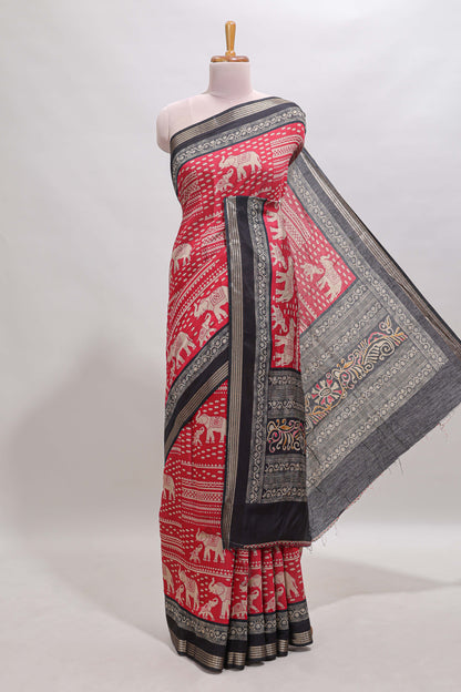 Red geometric & elephant motif chanderi cotton saree with contrast border and chevron blouse
