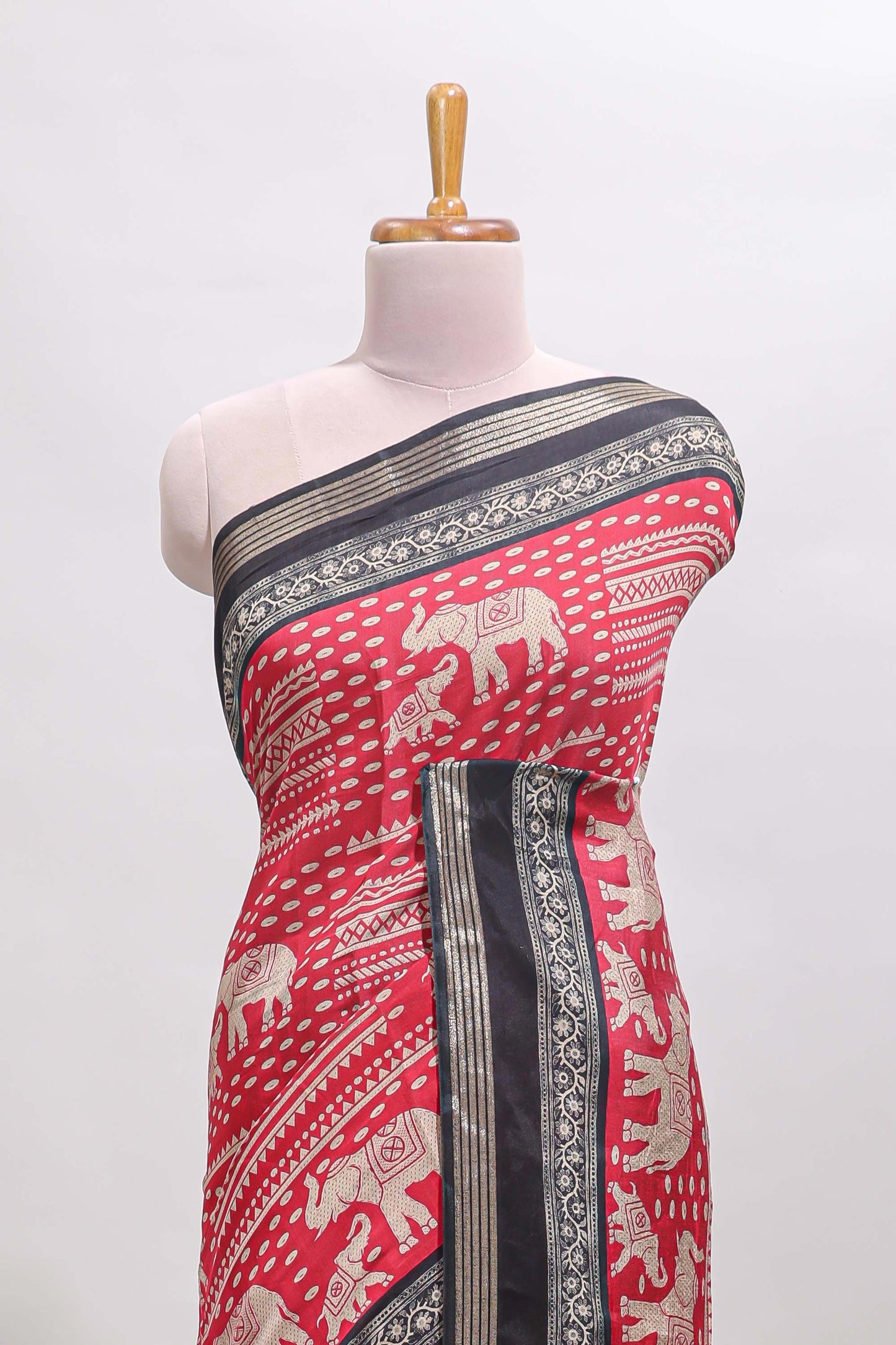 Red geometric & elephant motif chanderi cotton saree with contrast border and chevron blouse