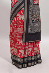 Red geometric & elephant motif chanderi cotton saree with contrast border and chevron blouse