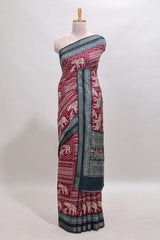 Maroon geometric & elephant motif chanderi cotton saree with contrast border and chevron blouse
