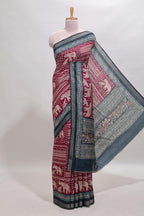 Maroon geometric & elephant motif chanderi cotton saree with contrast border and chevron blouse