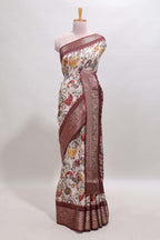 Cream checked floral design chanderi cotton saree with contrast border and printed pallu