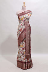 Cream checked floral design chanderi cotton saree with contrast border and printed pallu