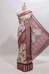 Cream checked floral design chanderi cotton saree with contrast border and printed pallu