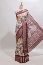 Cream checked floral design chanderi cotton saree with contrast border and printed pallu
