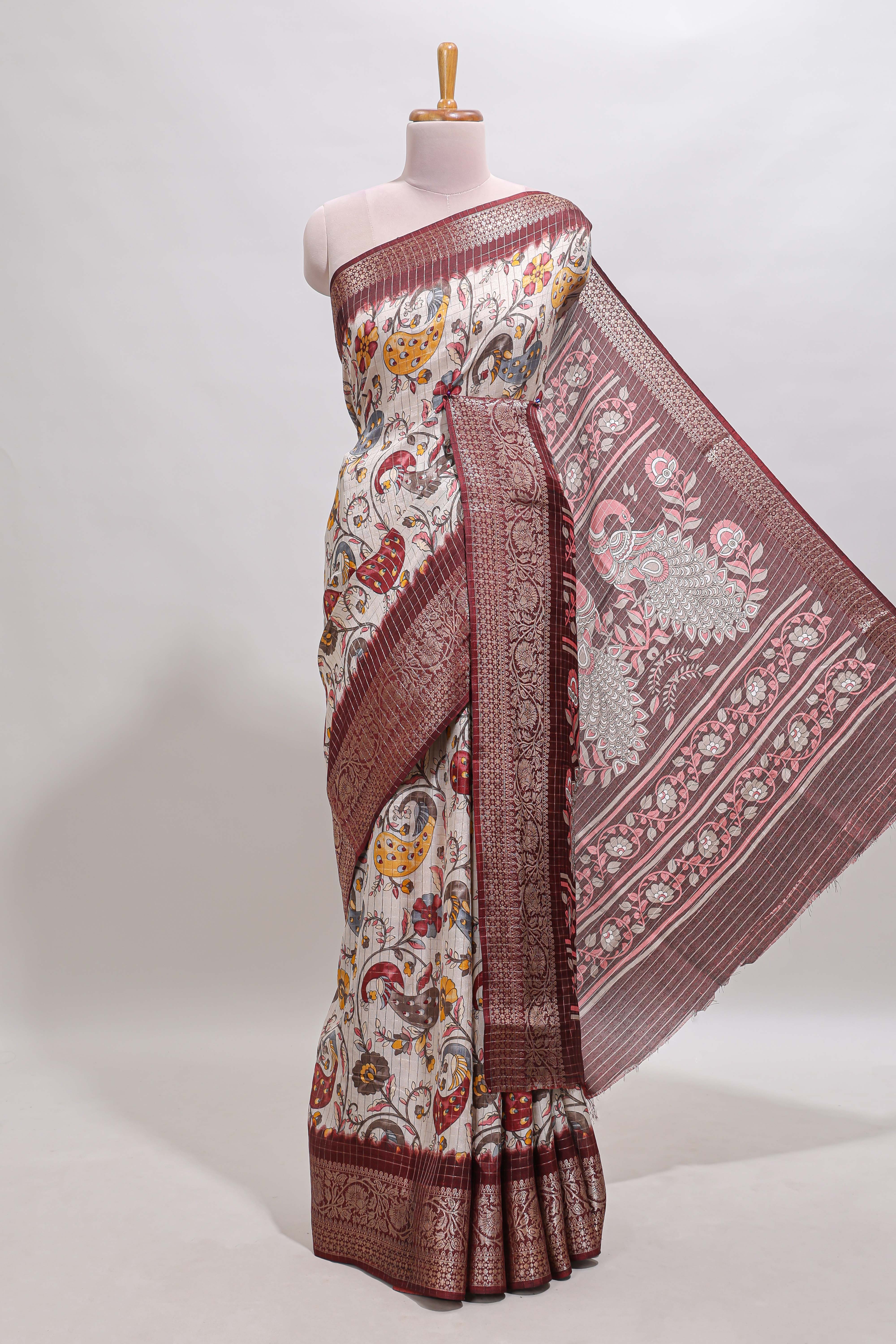Cream checked floral design chanderi cotton saree with contrast border and printed pallu