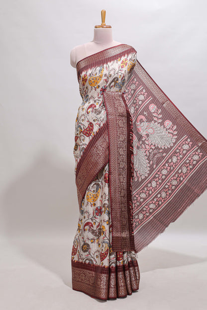 Cream checked floral design chanderi cotton saree with contrast border and printed pallu