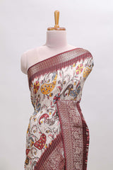 Cream checked floral design chanderi cotton saree with contrast border and printed pallu
