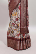 Cream checked floral design chanderi cotton saree with contrast border and printed pallu