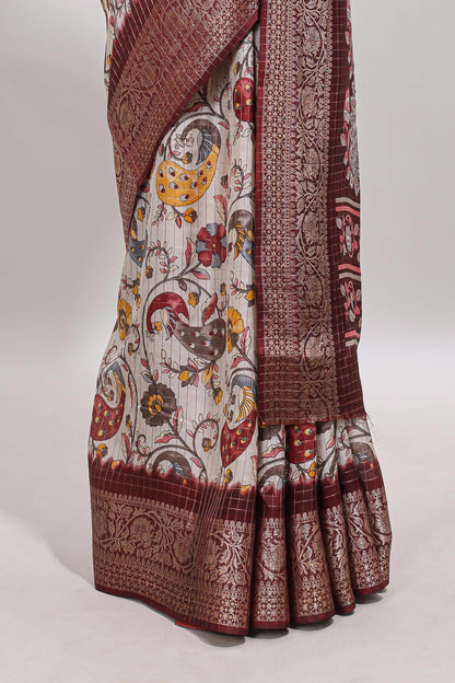 Cream checked floral design chanderi cotton saree with contrast border and printed pallu