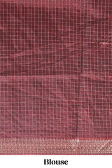Cream checked floral design chanderi cotton saree with contrast border and printed pallu