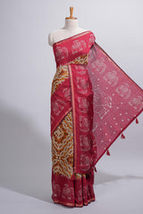 Mustard yellow Chanderi cotton saree with elephant motifs tie and dye effect patterns and contrast zari border along with printed blouse