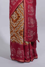 Mustard yellow Chanderi cotton saree with elephant motifs tie and dye effect patterns and contrast zari border along with printed blouse