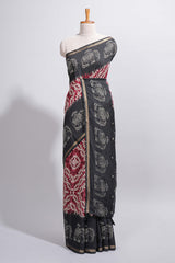 Maroon Chanderi cotton saree with elephant motifs tie and dye effect patterns and contrast zari border along with printed blouse