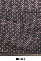 Maroon Chanderi cotton saree with elephant motifs tie and dye effect patterns and contrast zari border along with printed blouse