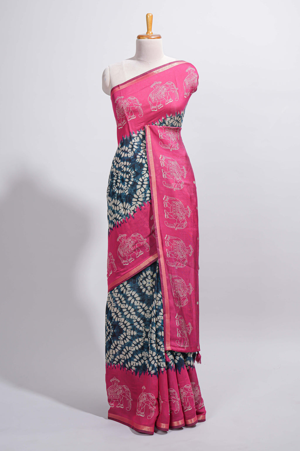 Blue Chanderi cotton saree with elephant motifs tie and dye effect patterns and contrast zari border along with printed blouse