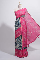 Blue Chanderi cotton saree with elephant motifs tie and dye effect patterns and contrast zari border along with printed blouse