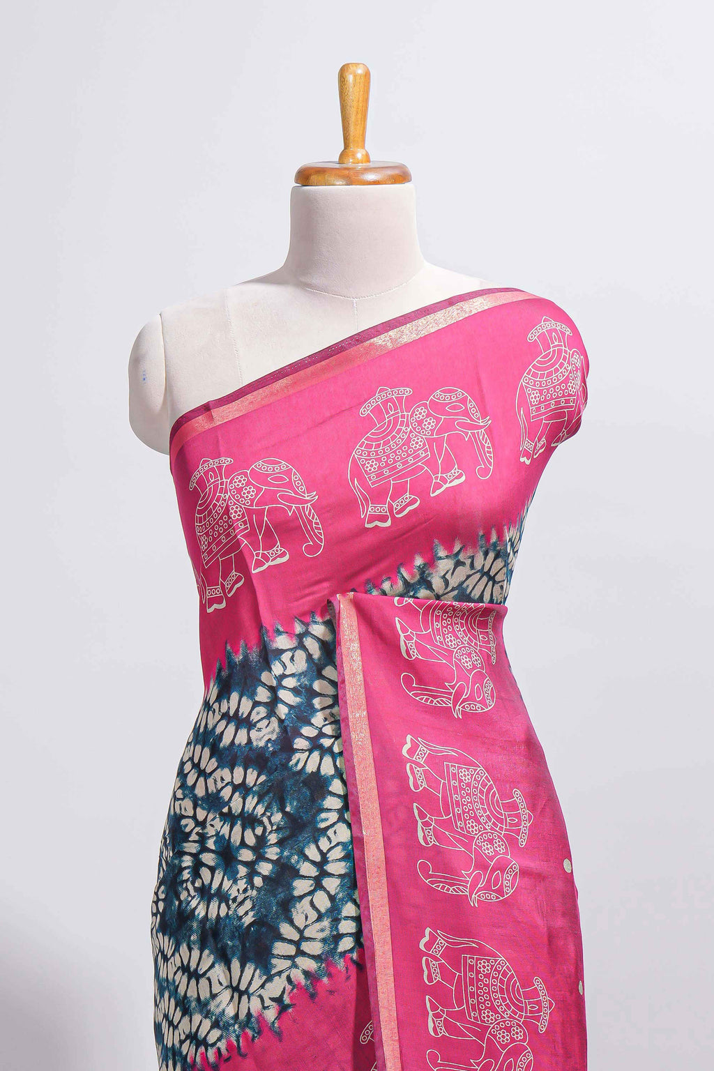 Blue Chanderi cotton saree with elephant motifs tie and dye effect patterns and contrast zari border along with printed blouse