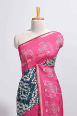 Blue Chanderi cotton saree with elephant motifs tie and dye effect patterns and contrast zari border along with printed blouse