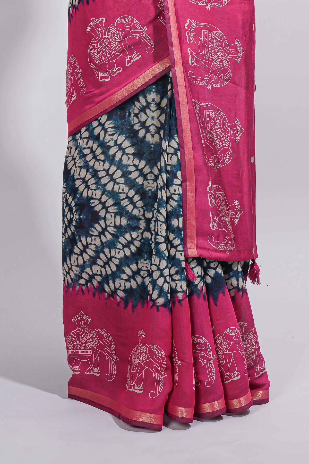 Blue Chanderi cotton saree with elephant motifs tie and dye effect patterns and contrast zari border along with printed blouse