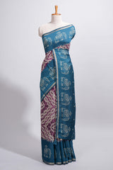 Purple Chanderi cotton saree with elephant motifs tie and dye effect patterns and contrast zari border along with printed blouse