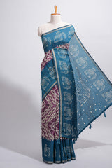 Purple Chanderi cotton saree with elephant motifs tie and dye effect patterns and contrast zari border along with printed blouse
