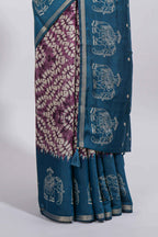 Purple Chanderi cotton saree with elephant motifs tie and dye effect patterns and contrast zari border along with printed blouse