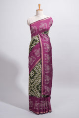 Dark green Chanderi cotton saree with elephant motifs tie and dye effect patterns and contrast zari border along with printed blouse
