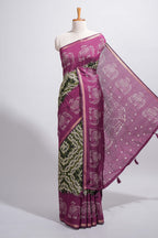 Dark green Chanderi cotton saree with elephant motifs tie and dye effect patterns and contrast zari border along with printed blouse