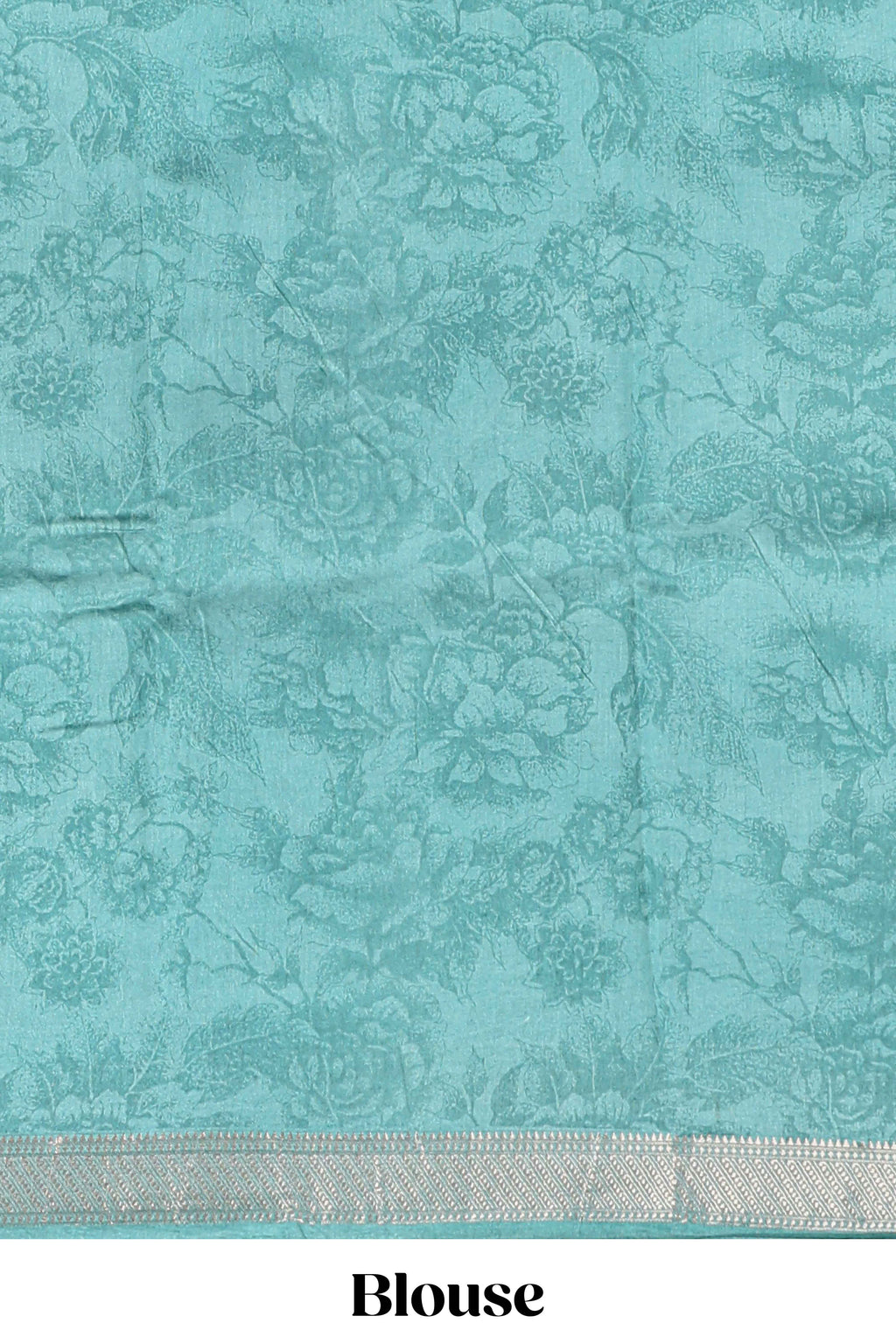 White floral design Chanderi cotton saree with contrast turquoise green zari border and floral print blouse