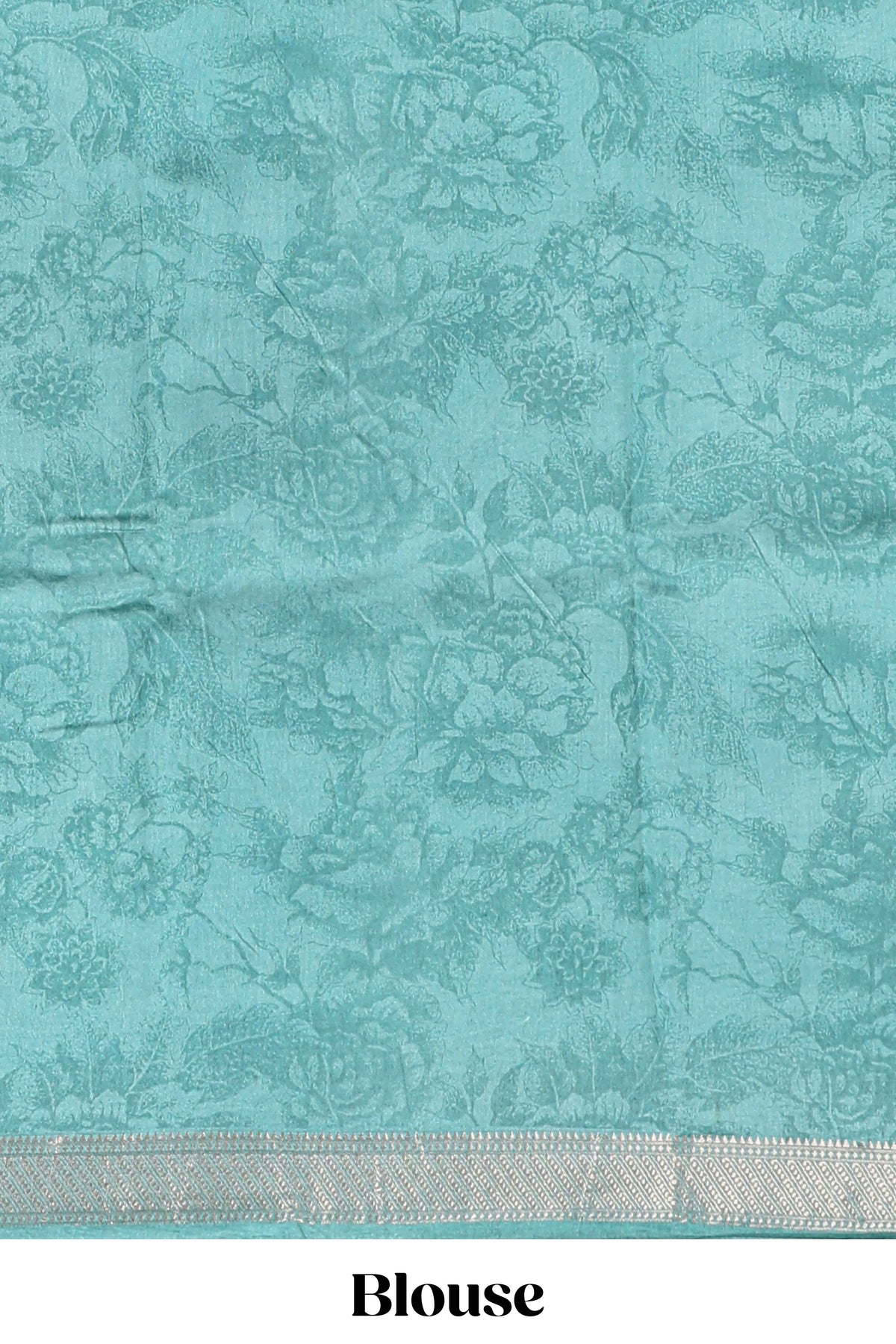 White floral design Chanderi cotton saree with contrast turquoise green zari border and floral print blouse