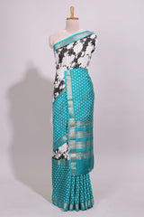 Black checked floral design chanderi cotton saree with contrast zari border and checked blouse