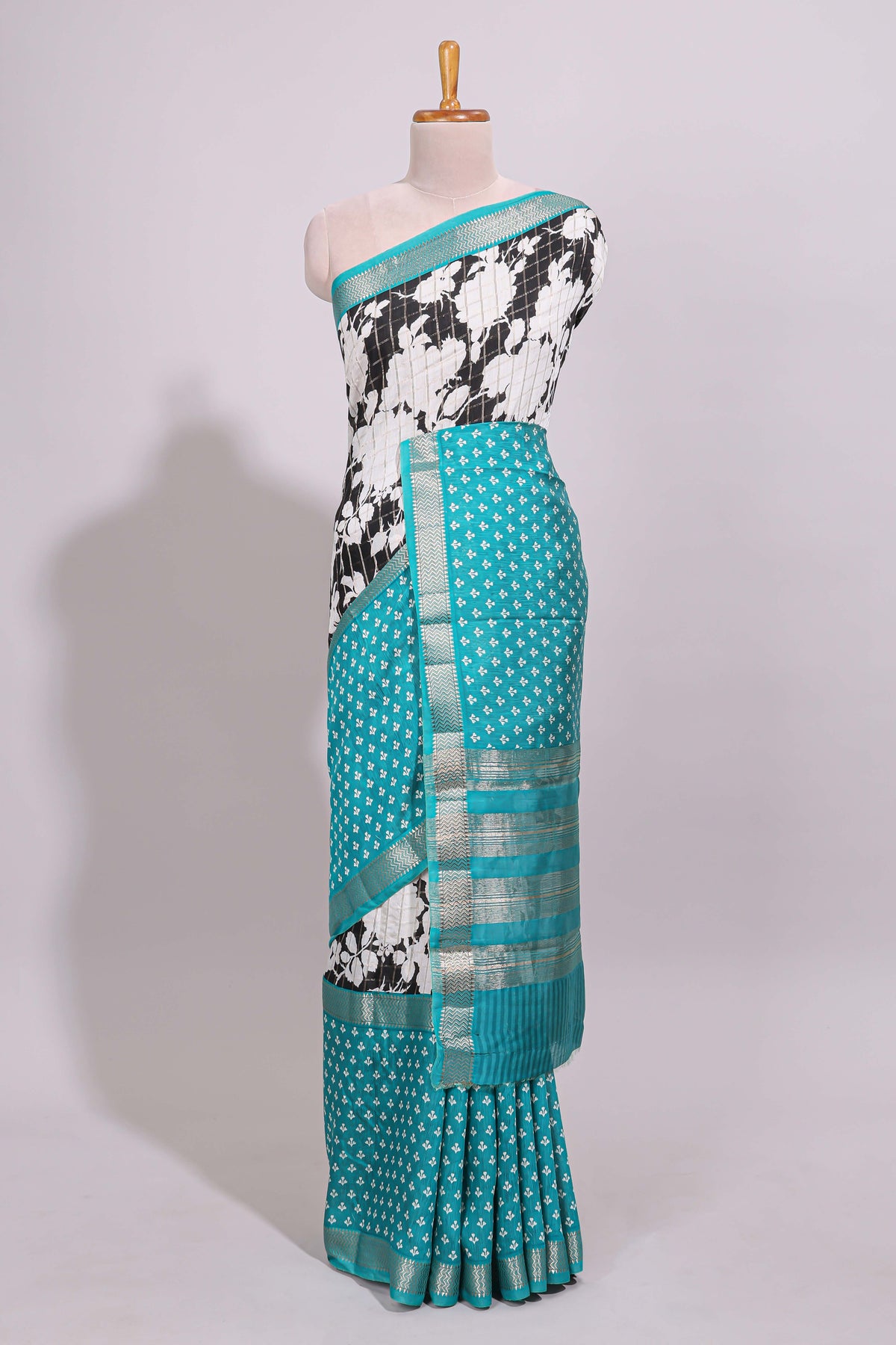 Black checked floral design chanderi cotton saree with contrast zari border and checked blouse
