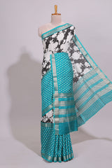 Black checked floral design chanderi cotton saree with contrast zari border and checked blouse