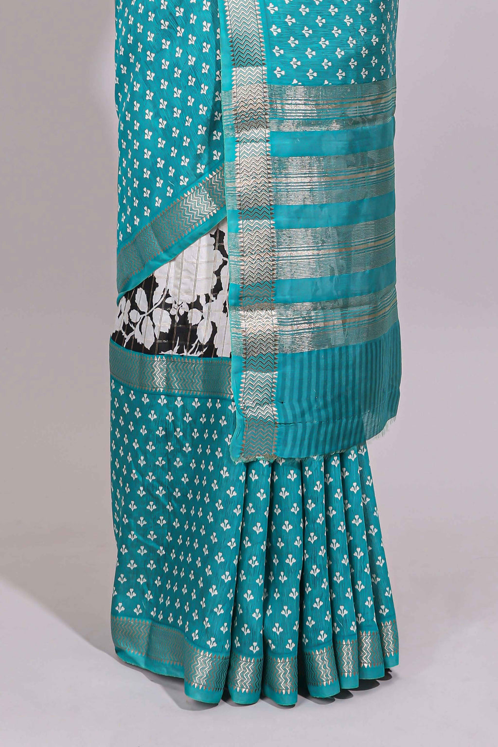 Black checked floral design chanderi cotton saree with contrast zari border and checked blouse