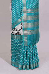 Black checked floral design chanderi cotton saree with contrast zari border and checked blouse