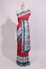 Red checked bottom floral design chanderi cotton saree with contrast border and checked blouse