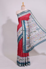 Red checked bottom floral design chanderi cotton saree with contrast border and checked blouse