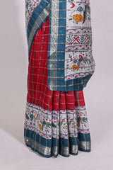 Red checked bottom floral design chanderi cotton saree with contrast border and checked blouse