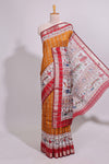 Mustard checked bottom floral design chanderi cotton saree with contrast border and checked blouse