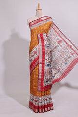 Mustard checked bottom floral design chanderi cotton saree with contrast border and checked blouse