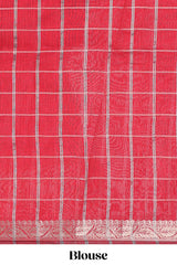 Mustard checked bottom floral design chanderi cotton saree with contrast border and checked blouse