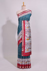 Midnight blue checked bottom floral design chanderi cotton saree with contrast border and checked blouse