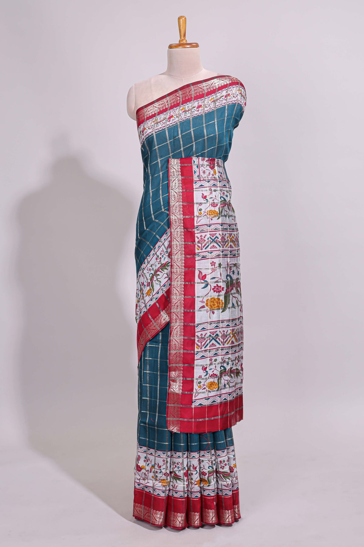 Midnight blue checked bottom floral design chanderi cotton saree with contrast border and checked blouse