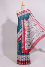 Midnight blue checked bottom floral design chanderi cotton saree with contrast border and checked blouse