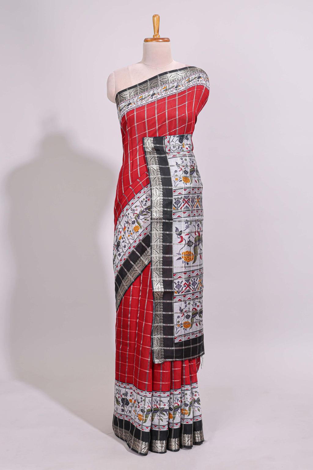Red checked bottom floral design chanderi cotton saree with contrast black border and checked blouse