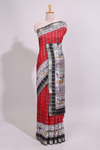 Red checked bottom floral design chanderi cotton saree with contrast black border and checked blouse