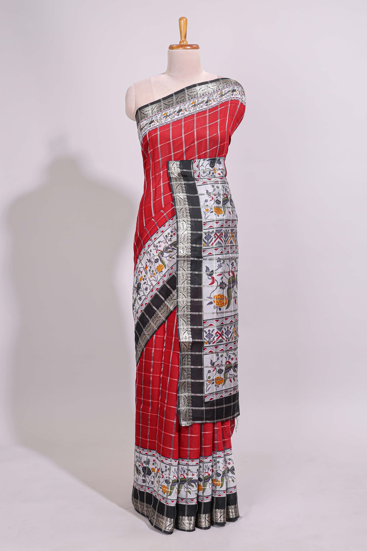Red checked bottom floral design chanderi cotton saree with contrast black border and checked blouse