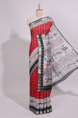 Red checked bottom floral design chanderi cotton saree with contrast black border and checked blouse